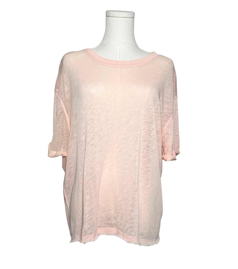 We The Free Crew Neck Roll Sleeve Semi Sheer Raw Edge Oversized Tee Peach Small